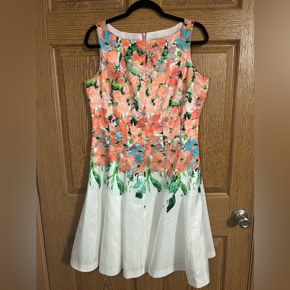 Danny & Nicoles Ivory/Coral Floral Sleeveless Fit & Flare Women's Dress Size 10